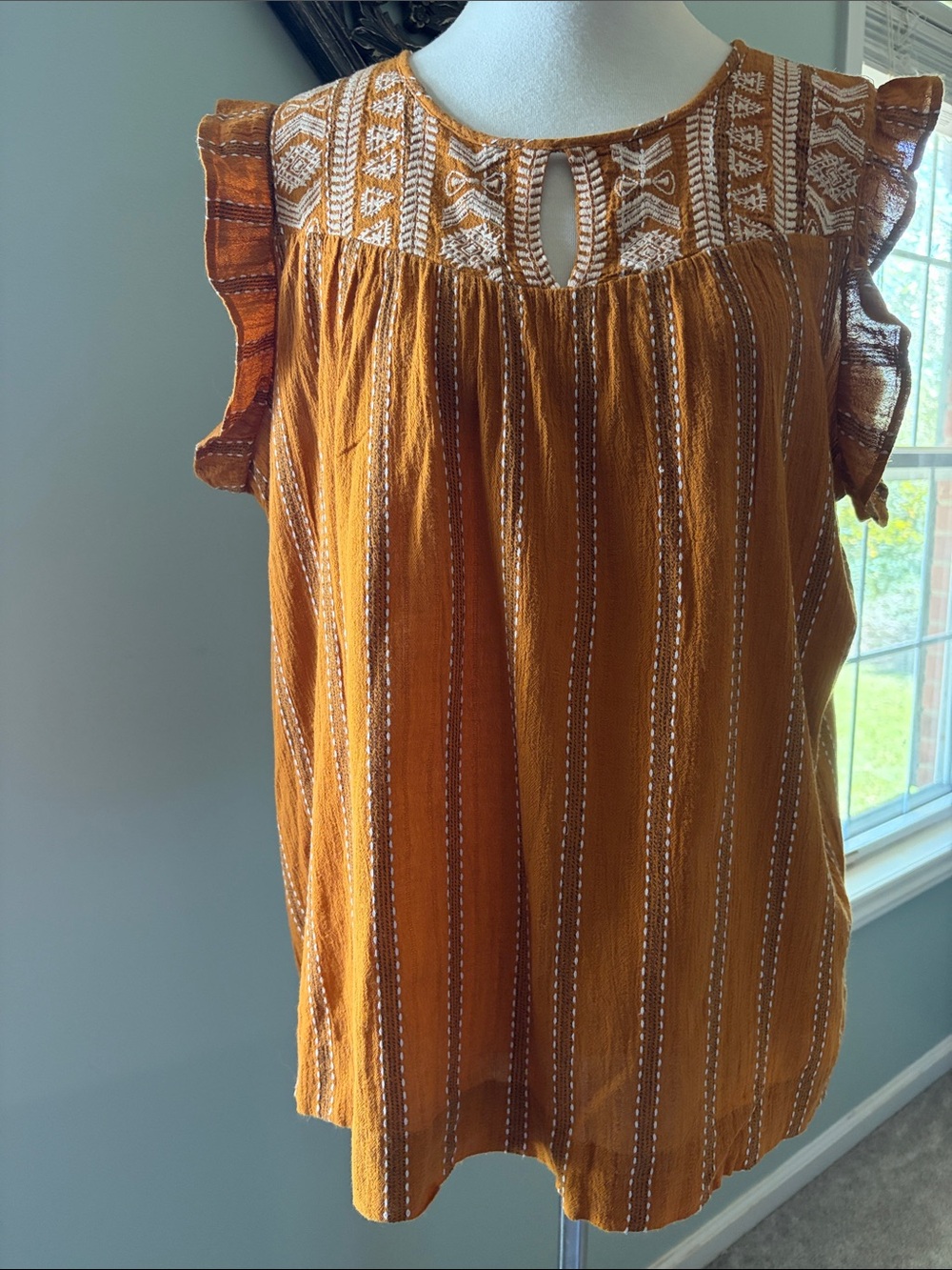Wonderly brand Mustard Embroidered Flutter Sleeve shirt